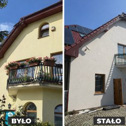 ProFoundation - Dom przed i po renowacji elewacji: żółta fasada z balkonem kontra jasna, odnowiona elewacja z nowymi oknami i panelami słonecznymi na dachu. Widoczne materiały budowlane.