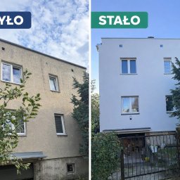Vladyslav Krasovskyi ProFundation - Elewacja budynku przed i po remoncie. Po lewej stronie budynek z szarą, brudną elewacją, po prawej odnowiony, pomalowany na biało budynek z nową elewacją.