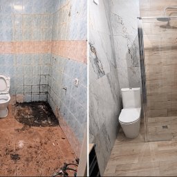 ProFoundation - Łazienka przed i po remoncie: od starych, niebiesko-różowych płytek i brudnej podłogi do nowoczesnej przestrzeni z marmurowymi ścianami, drewnianą podłogą, prysznicem i nową armaturą.