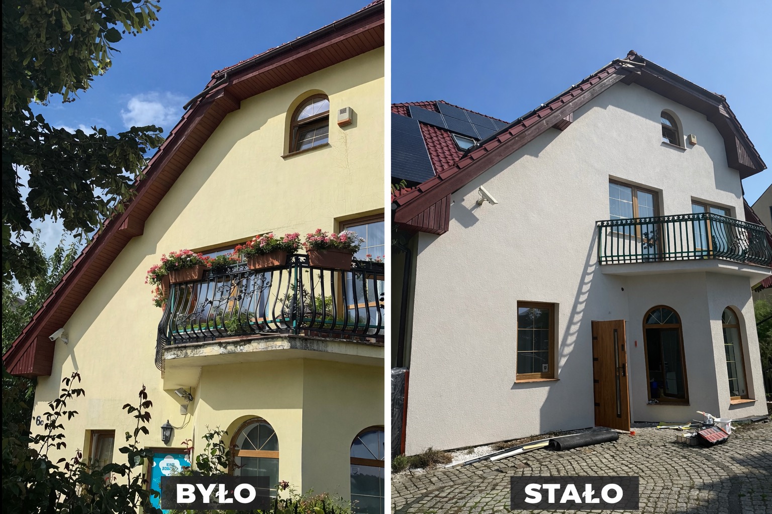 Dom przed i po renowacji elewacji: żółta fasada z balkonem kontra jasna, odnowiona elewacja z nowymi oknami i panelami słonecznymi na dachu. Widoczne materiały budowlane.