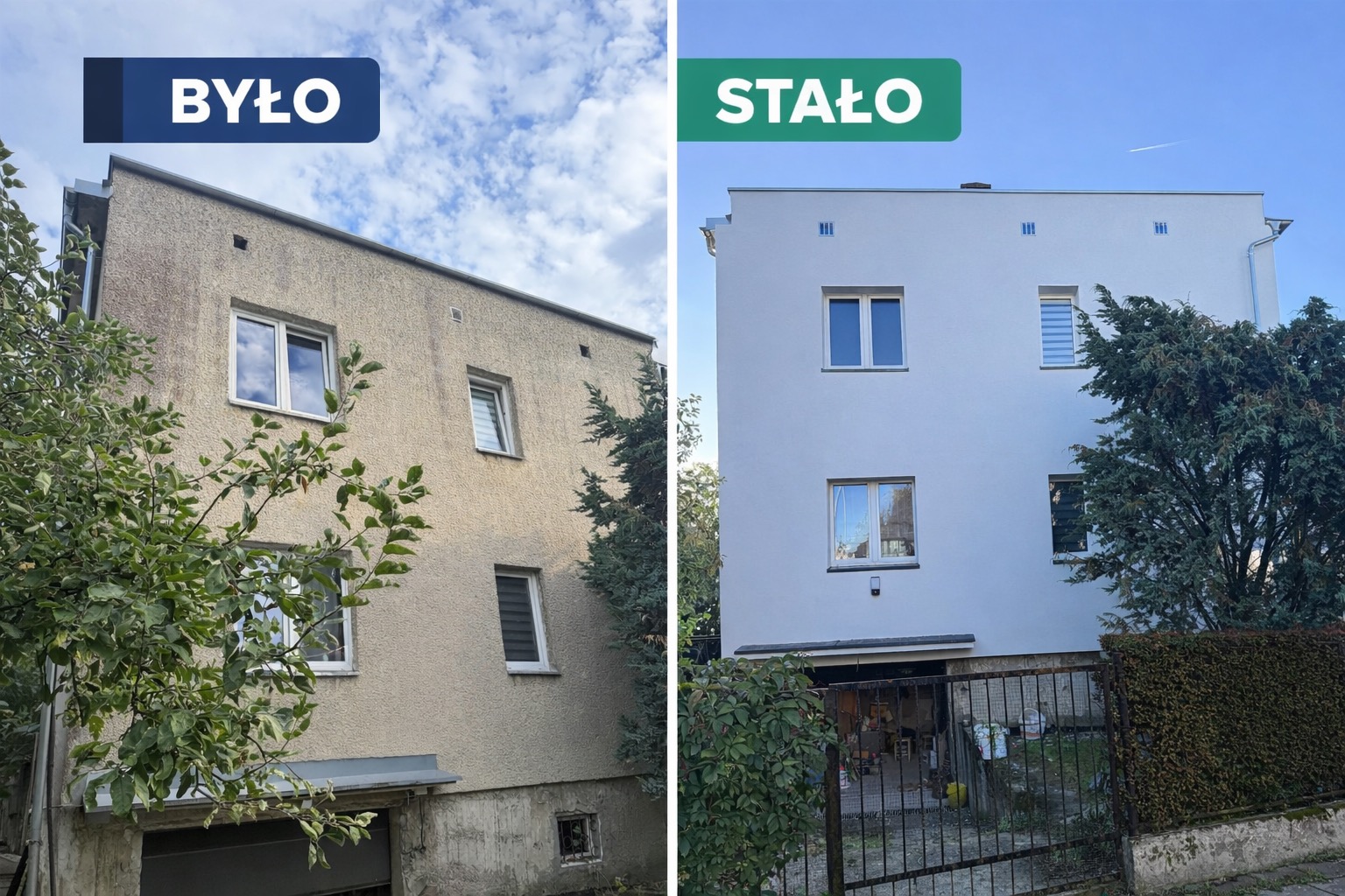 Elewacja budynku przed i po remoncie. Po lewej stronie budynek z szarą, brudną elewacją, po prawej odnowiony, pomalowany na biało budynek z nową elewacją.
