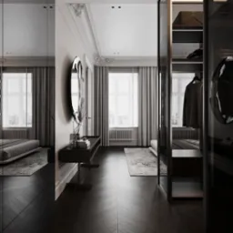 Elegancka sypialnia w odcieniach szarości z parkietem w jodełkę i lustrzaną szafą. Dekoracyjny gzyms sufitowy i minimalistyczne dodatki podkreślają nowoczesny charakter wnętrza.