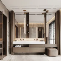 Elegancka łazienka w odcieniach szarości i brązu z podwójną umywalką, dużymi lustrami z oświetleniem LED i marmurową podłogą. Minimalistyczny design.