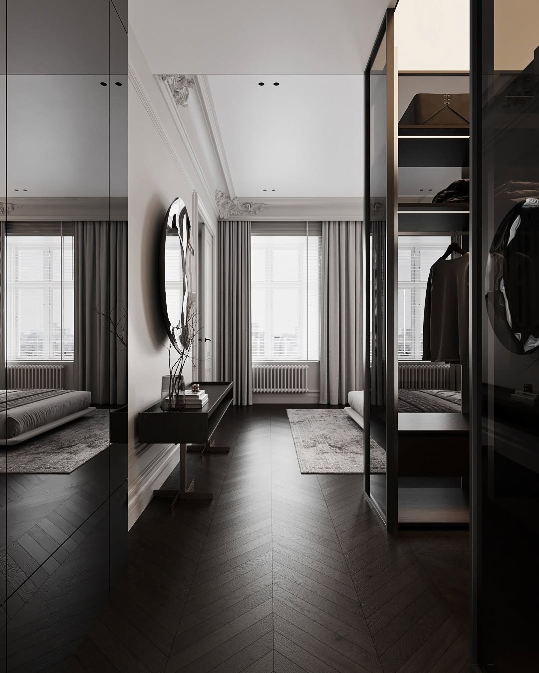 Elegancka sypialnia w odcieniach szarości z parkietem w jodełkę i lustrzaną szafą. Dekoracyjny gzyms sufitowy i minimalistyczne dodatki podkreślają nowoczesny charakter wnętrza.