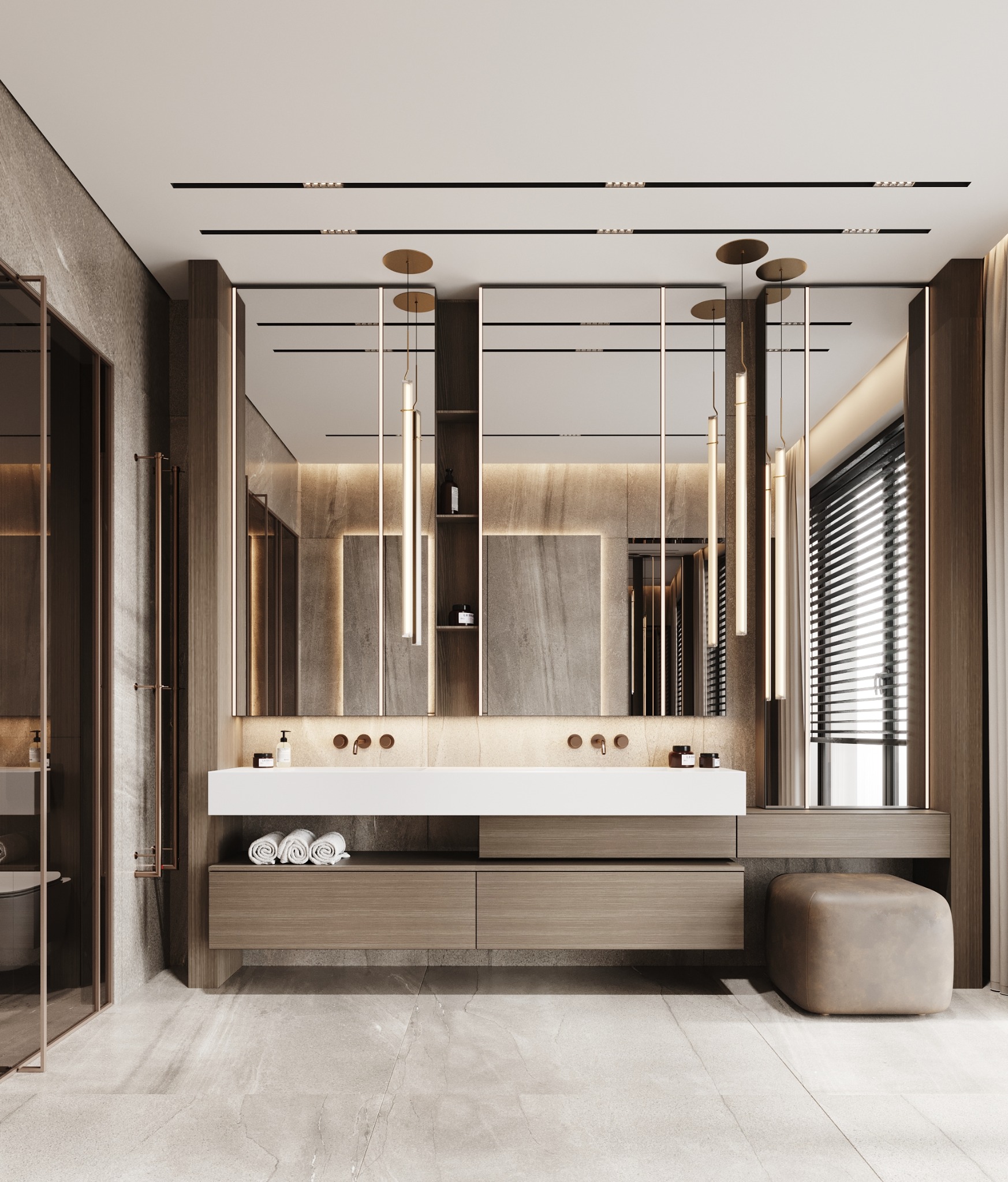Elegancka łazienka w odcieniach szarości i brązu z podwójną umywalką, dużymi lustrami z oświetleniem LED i marmurową podłogą. Minimalistyczny design.