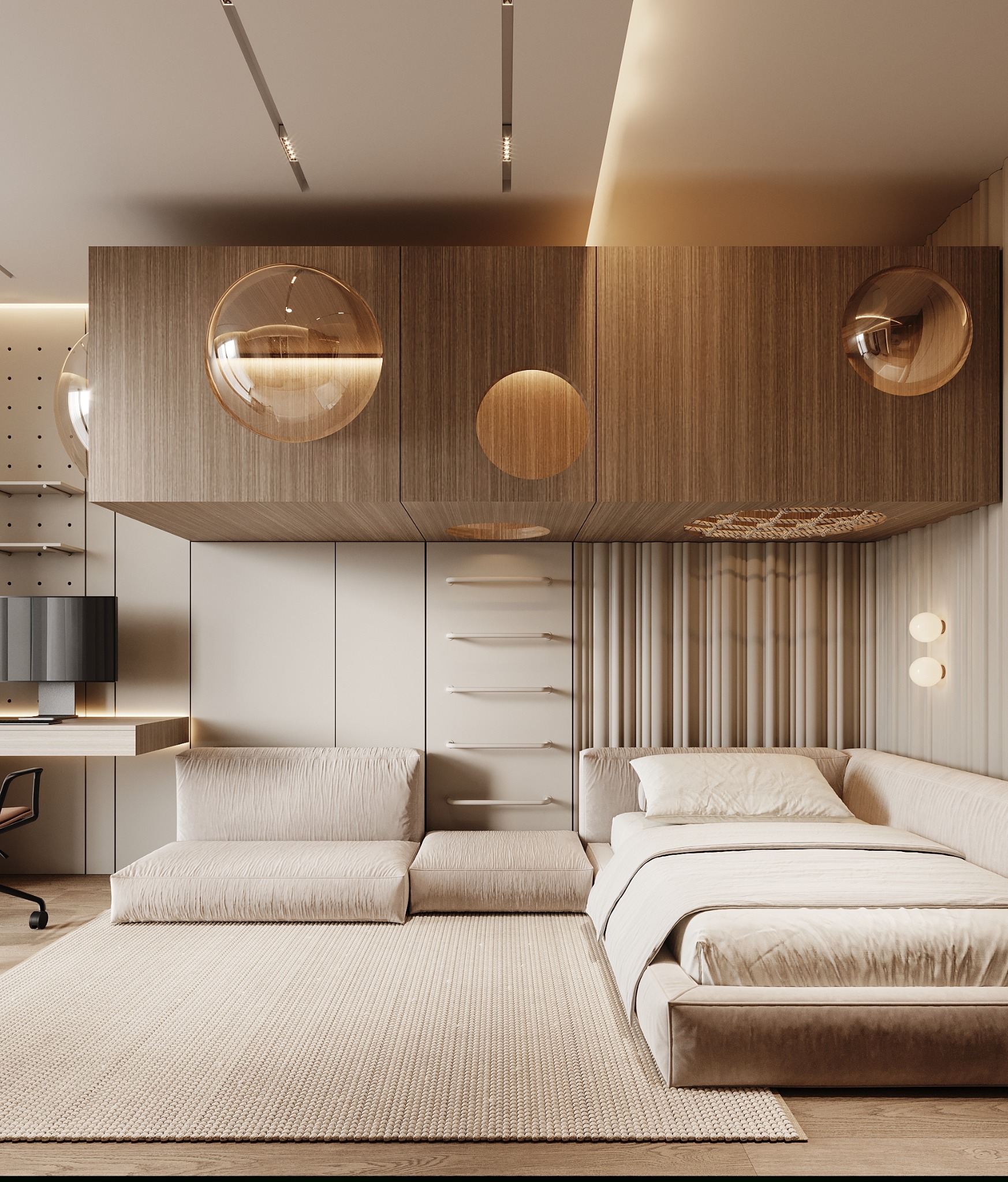Beżowe wnętrze pokoju z łóżkiem na podeście, biurkiem i okrągłymi lampami. Drewniane wykończenia i minimalistyczny design nadają przestrzeni nowoczesny charakter.
