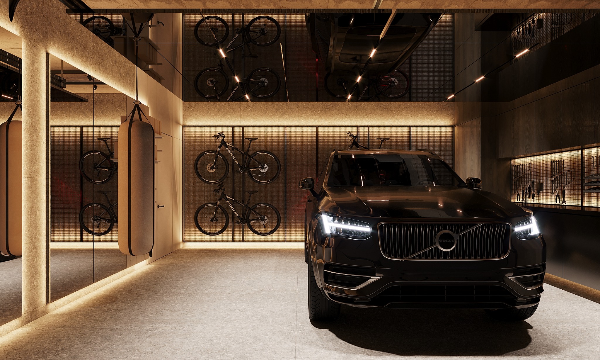 Nowoczesny garaż z ciemnym Volvo XC90, rowerami na ścianach i oświetleniem LED. Widoczne lustro i worki bokserskie. Minimalistyczny design z narzędziami na ścianie.
