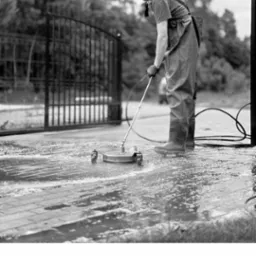 Pracownik w kombinezonie i czapce czyści kostkę brukową za pomocą myjki ciśnieniowej na tle metalowej bramy i zieleni. Czarno-biała fotografia.