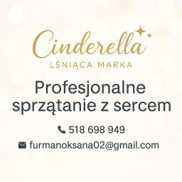 Oksana Furman - Grafika z logo firmy sprzątającej 'Cinderella', hasłem 'Lśniąca Marka' i tekstem 'Profesjonalne sprzątanie z sercem', numerem telefonu i adresem e-mail.