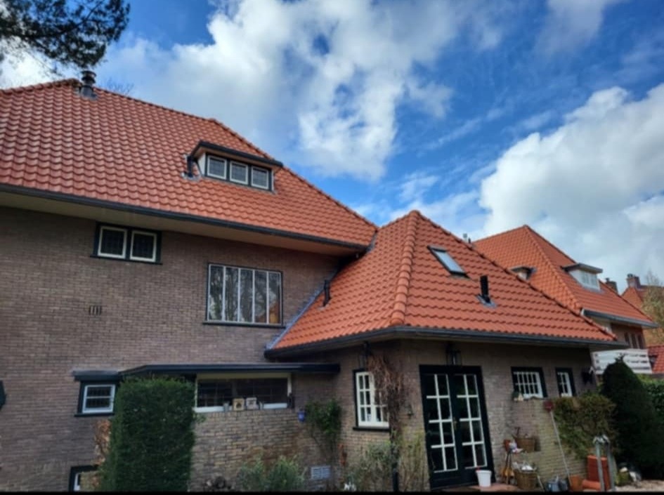 Ceglasty dach z lukarnami na dwukondygnacyjnym domu z cegły, widok z poziomu ogrodu w słoneczny dzień. Detale: czarne obramowania okien i drzwi.