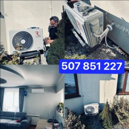 Feniks Kędra Krzysztof - Montaż klimatyzacji Rotenso na zewnątrz budynku, widok z bliska na instalatora i jednostkę zewnętrzną. W tle wnętrze z zamontowaną jednostką wewnętrzną.