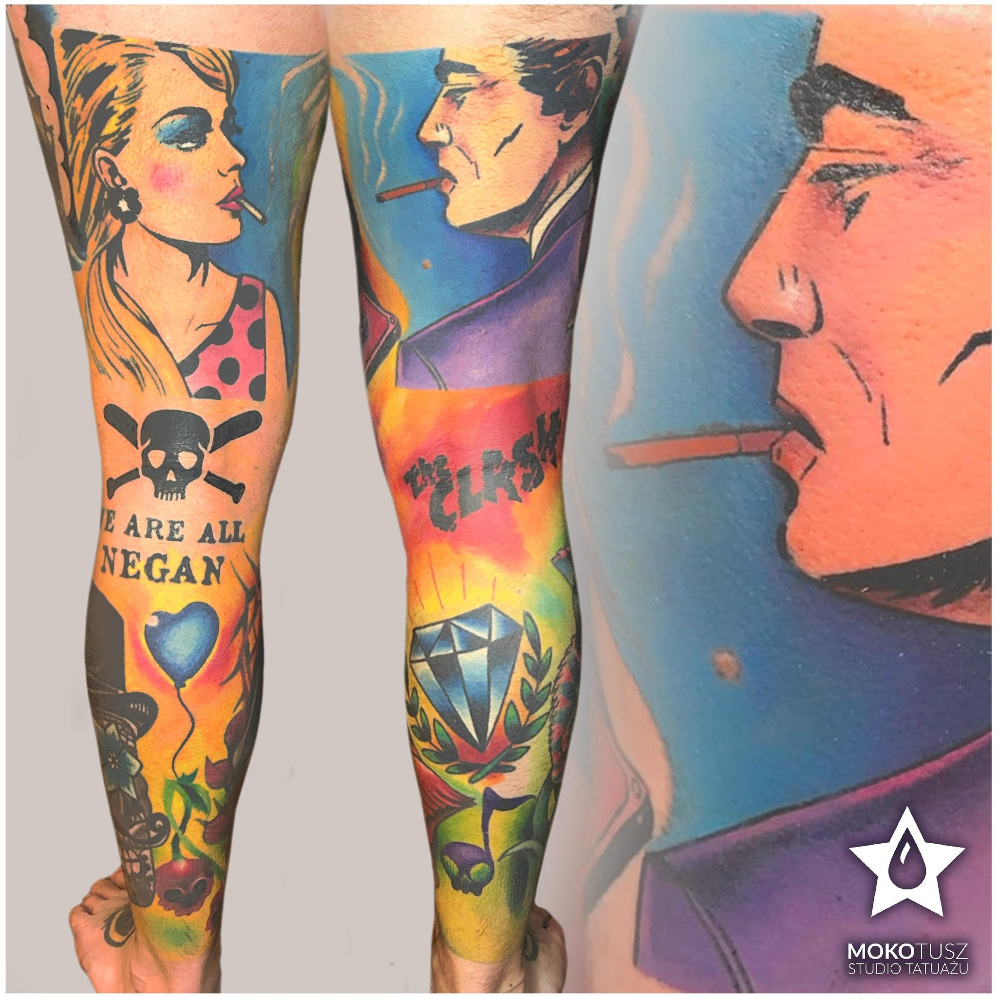 Duże tatuaże kolorowe, projekty autorskie, wykonanie studio tatuażu MOKOTUSZ.
