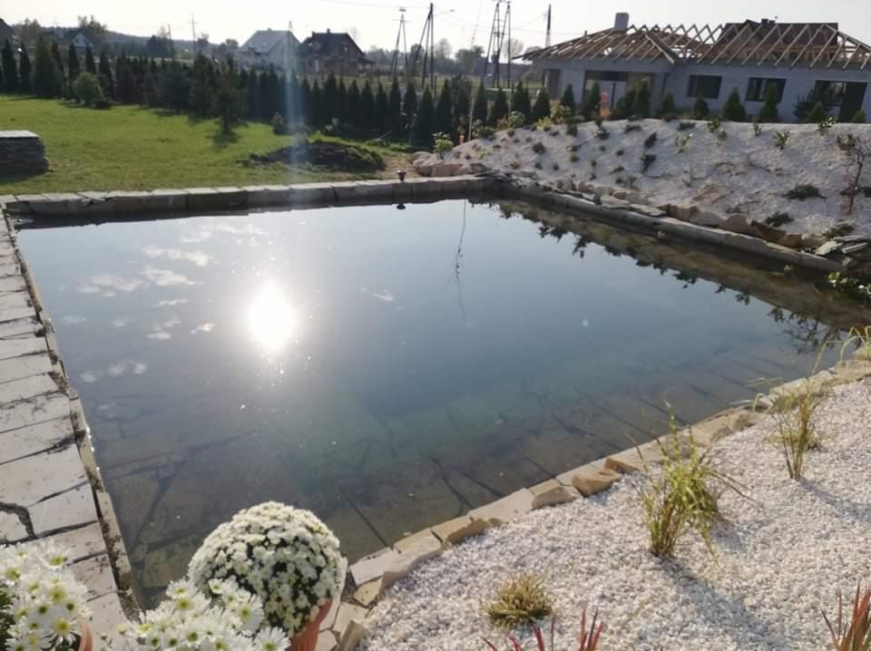 Naturalny, prostokątny staw w ogrodzie, obłożony kamieniami, z białym żwirem i roślinami ozdobnymi. Woda odbija słońce i niebo. W tle dom w budowie i zieleń.