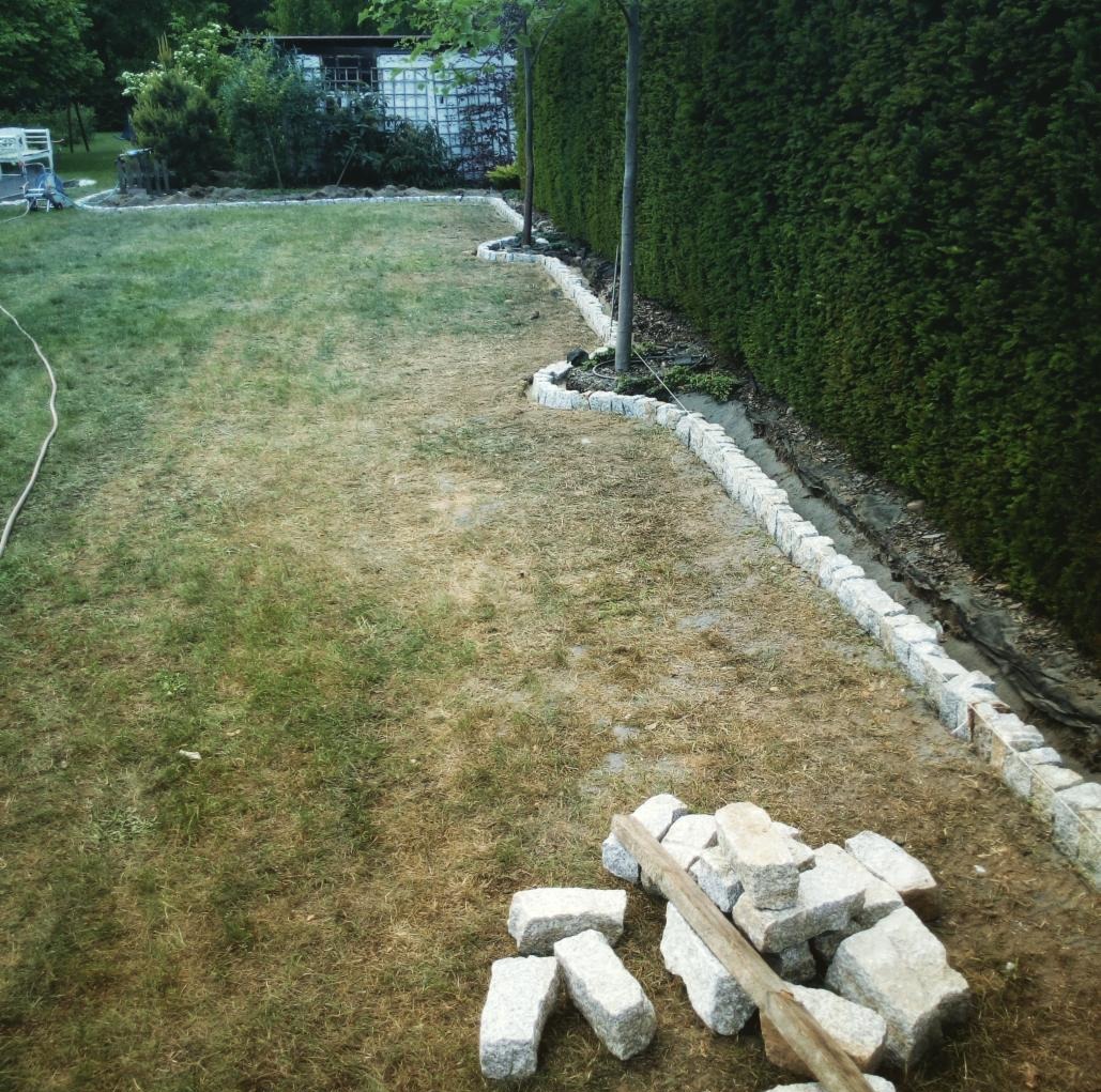 Granitowe obrzeże rabaty, widok z góry na trawnik z fragmentami suchej trawy. Ułożone kamienie obok żywopłotu. Częściowo ułożone obrzeże z kamienia.