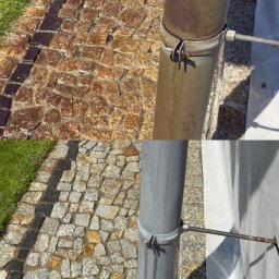 MOBIL WASH BARTEK WALCZEWSKI - Zdjęcie kostki brukowej przed i po czyszczeniu, z widoczną rynną. Górna część brudna, dolna czysta. Kontrastowe ujęcie prezentuje efekt wykonanej usługi.