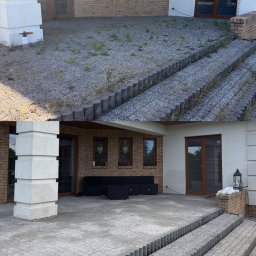 MOBIL WASH BARTEK WALCZEWSKI - Zdjęcie 'przed i po' mycia kostki brukowej na tarasie z schodami. Widoczne różnice w czystości i usunięciu chwastów. Ujęcie z bliska, skupione na detalach.