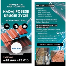 Profesjonalne mycie i malowanie dachów, elewacji i kostki brukowej. Grafika reklamowa z wizualizacją efektów czyszczenia i zabezpieczenia.