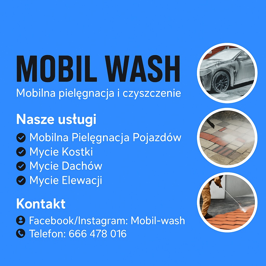 Baner reklamowy Mobil Wash: pielęgnacja pojazdów, kostki, dachów i elewacji. Kontakt przez Facebook/Instagram i telefon. Auto w pianie, czyszczona kostka i dach.