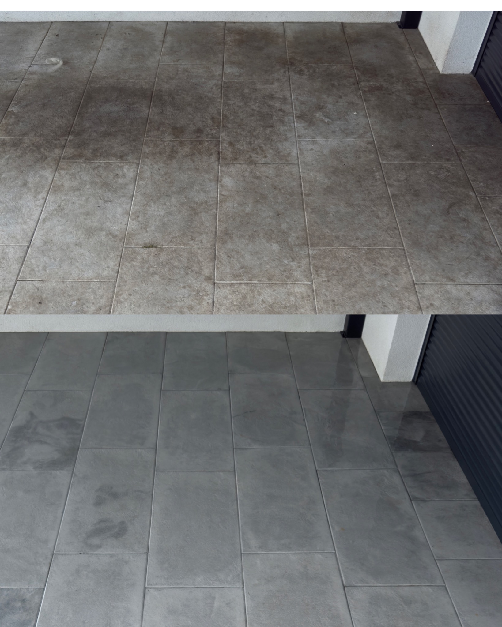 Zdjęcie kostki brukowej przed i po czyszczeniu. Górna część brudna, dolna czysta i mokra. Widoczna fuga i fragment ściany z roletą.