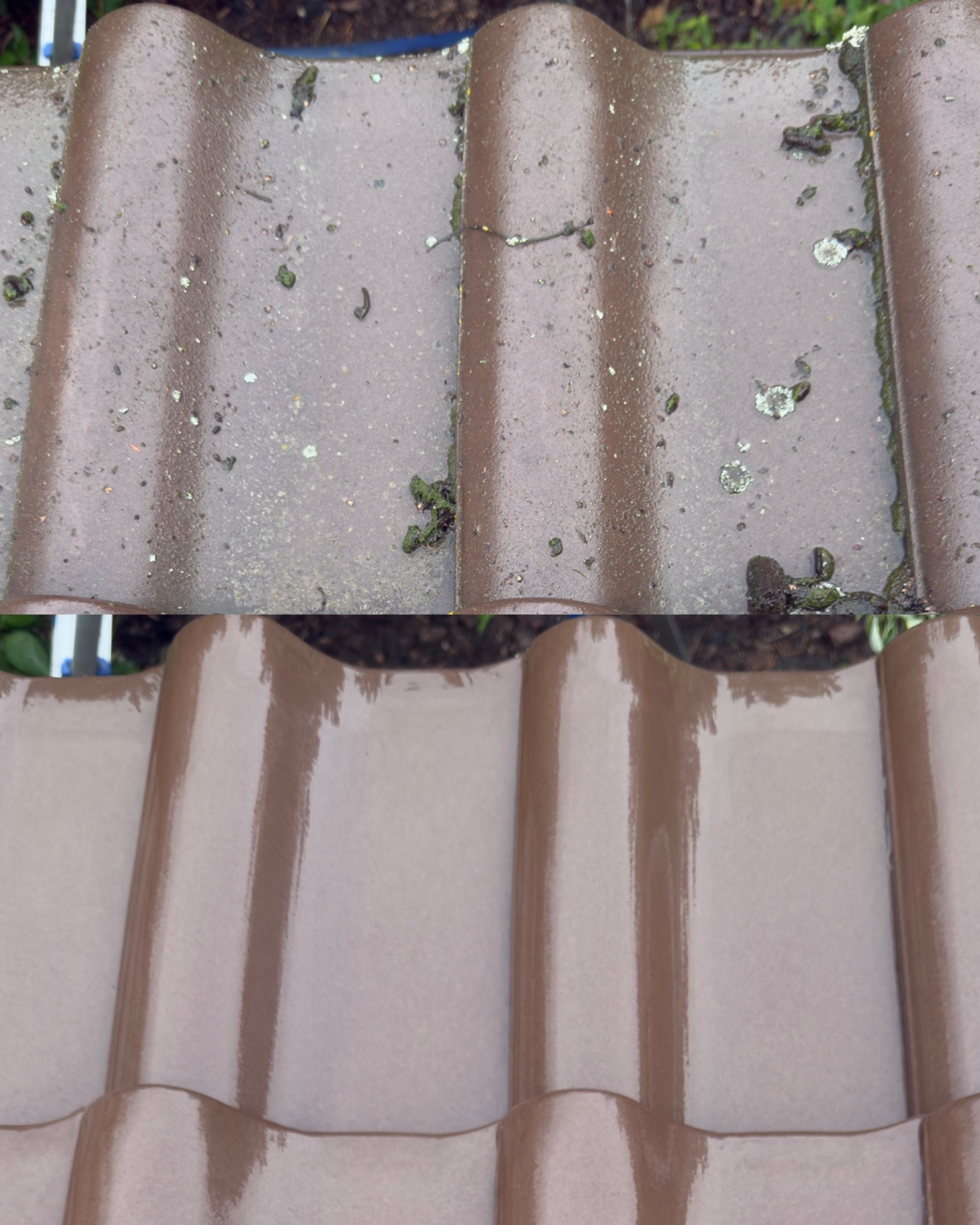 Dachówka ceramiczna przed i po czyszczeniu. Górna część pokryta mchem i zabrudzeniami, dolna czysta i lśniąca. Widoczne różnice w kolorze i strukturze.