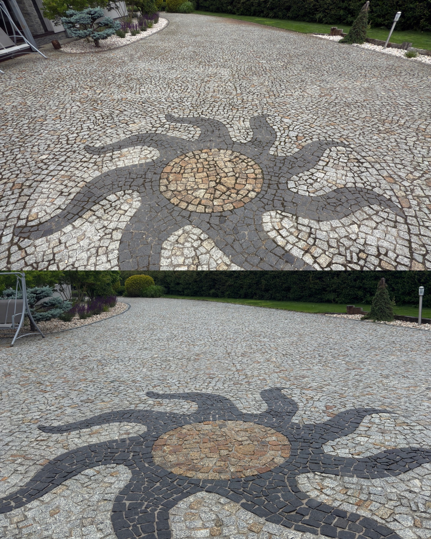 Ułożona kostka brukowa z dekoracyjnym wzorem słońca w odcieniach szarości i brązu, prowadząca wzdłuż zadbanego ogrodu. Widok z perspektywy chodnika.