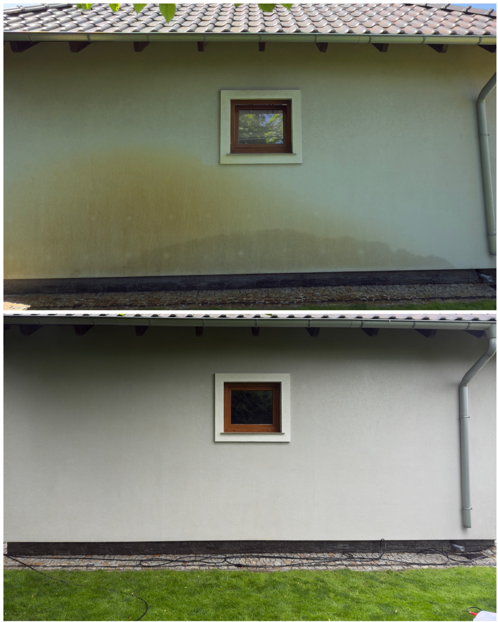 Elewacja domu przed i po czyszczeniu. Górna część ściany zabrudzona, dolna czysta, z widocznym oknem i rynną. Porównanie efektu przed i po zabiegu.