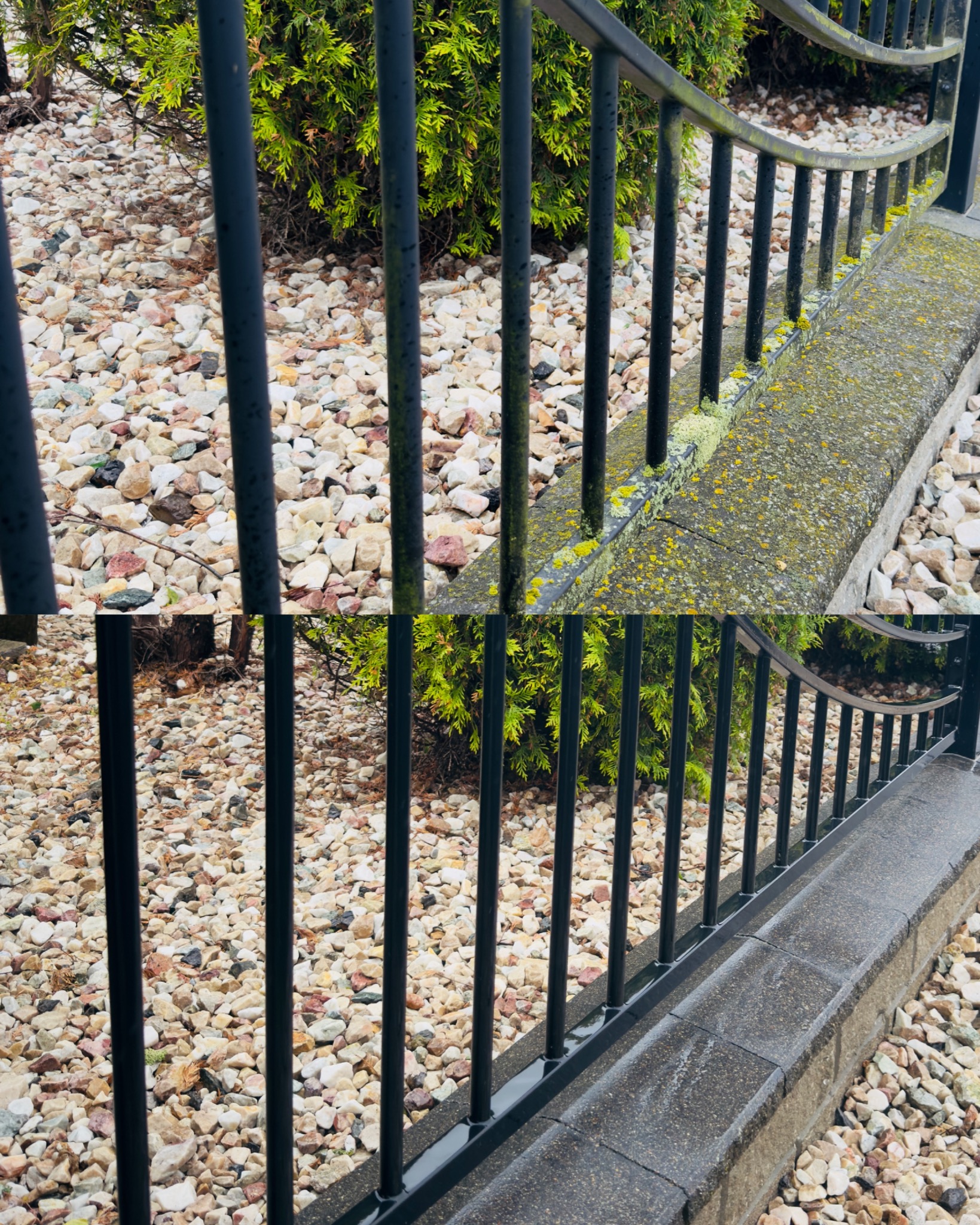 Fragment czarnego, metalowego ogrodzenia po czyszczeniu, z widoczną różnicą w czystości na betonowym murku. Kamienie dekoracyjne w tle.