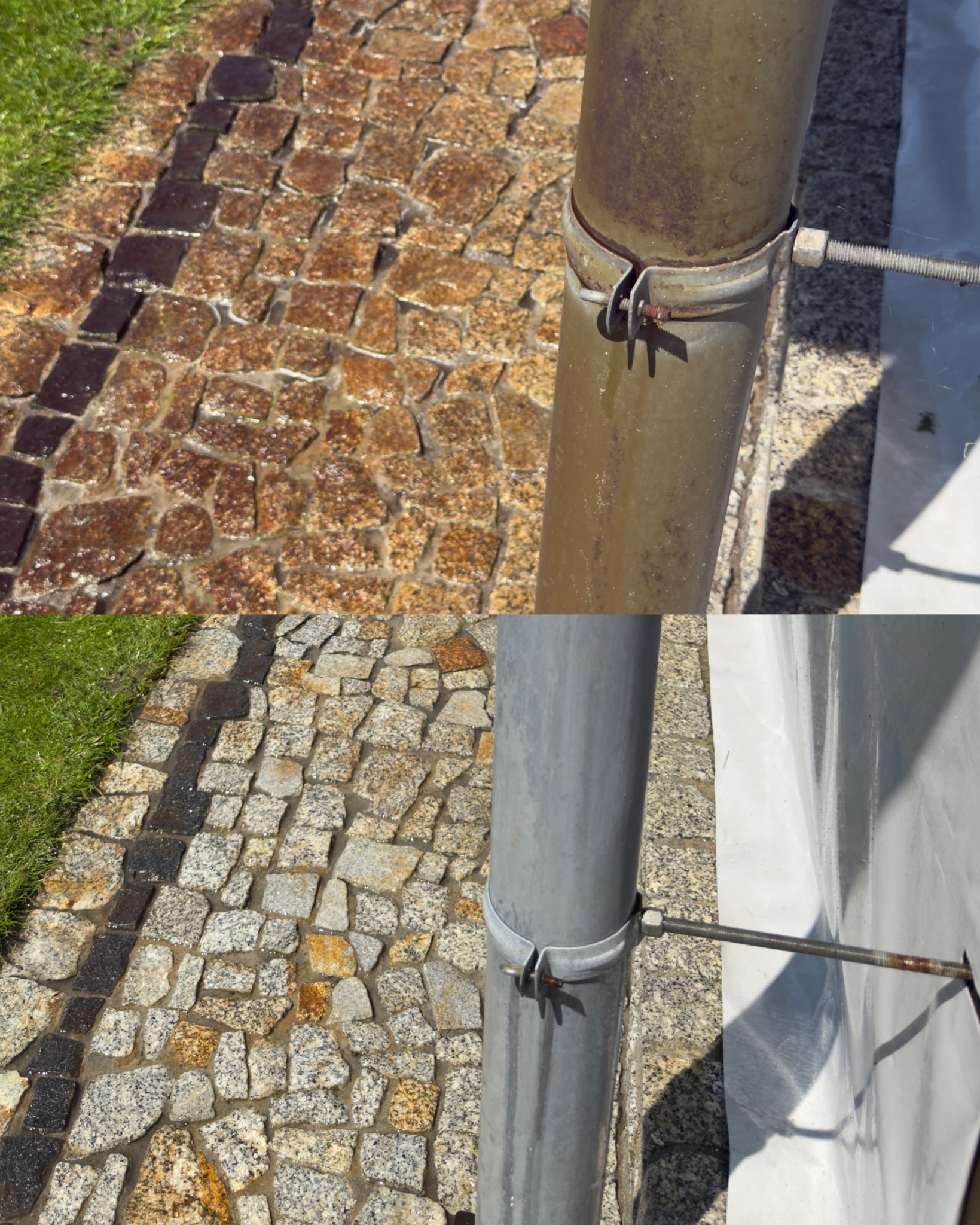 Zdjęcie kostki brukowej przed i po czyszczeniu, z widoczną rynną. Górna część brudna, dolna czysta. Kontrastowe ujęcie prezentuje efekt wykonanej usługi.