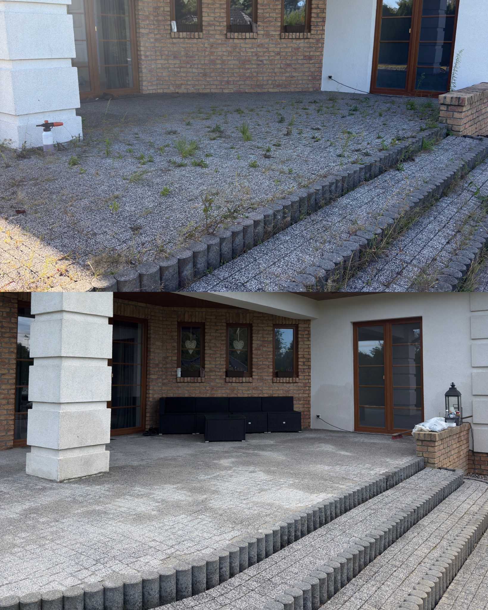 Zdjęcie 'przed i po' mycia kostki brukowej na tarasie z schodami. Widoczne różnice w czystości i usunięciu chwastów. Ujęcie z bliska, skupione na detalach.