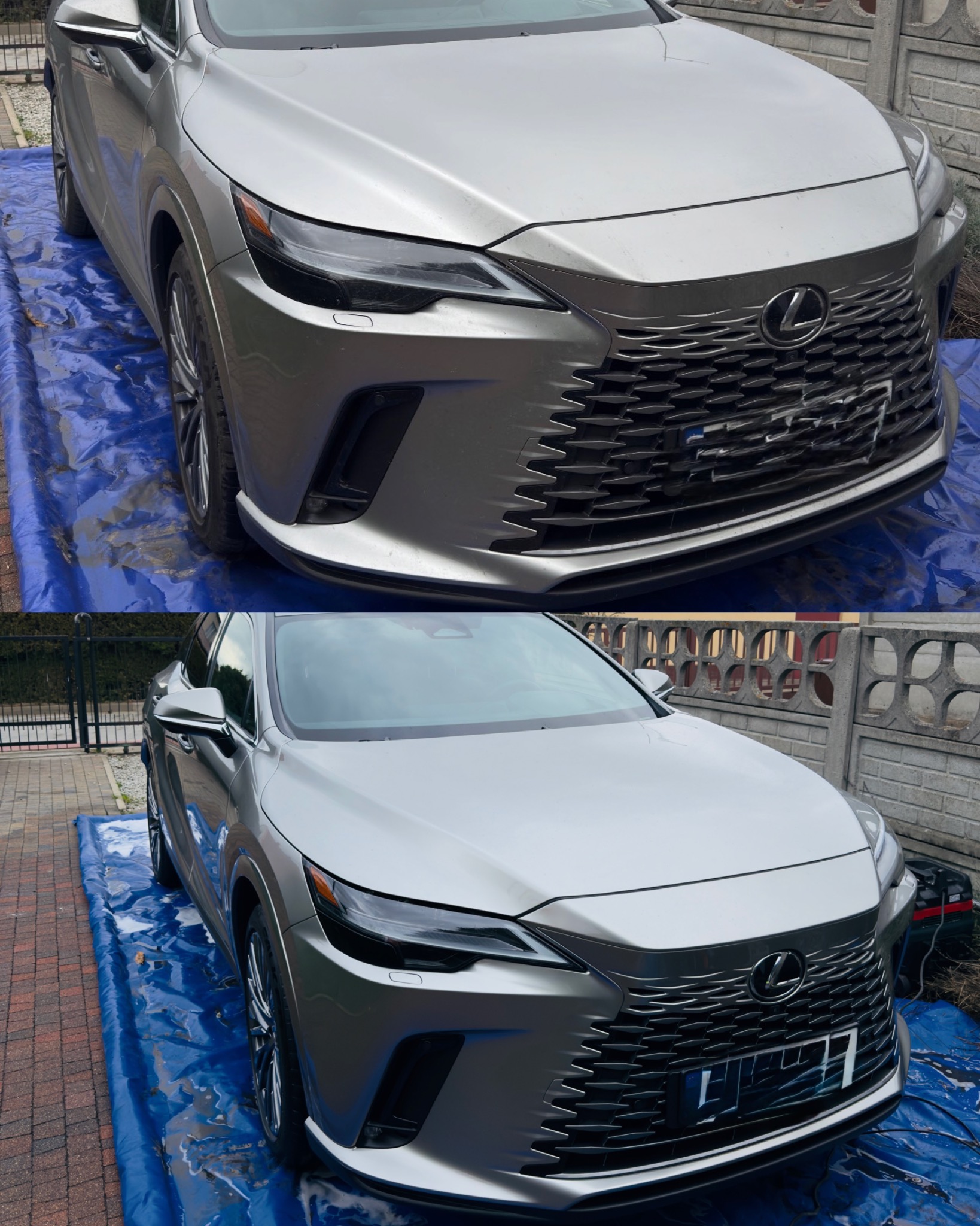 Szary Lexus RX po myciu, ujęcie przed i po na niebieskiej plandece. Widoczna różnica w czystości grilla i karoserii. Tło: kostka brukowa i betonowy płot.