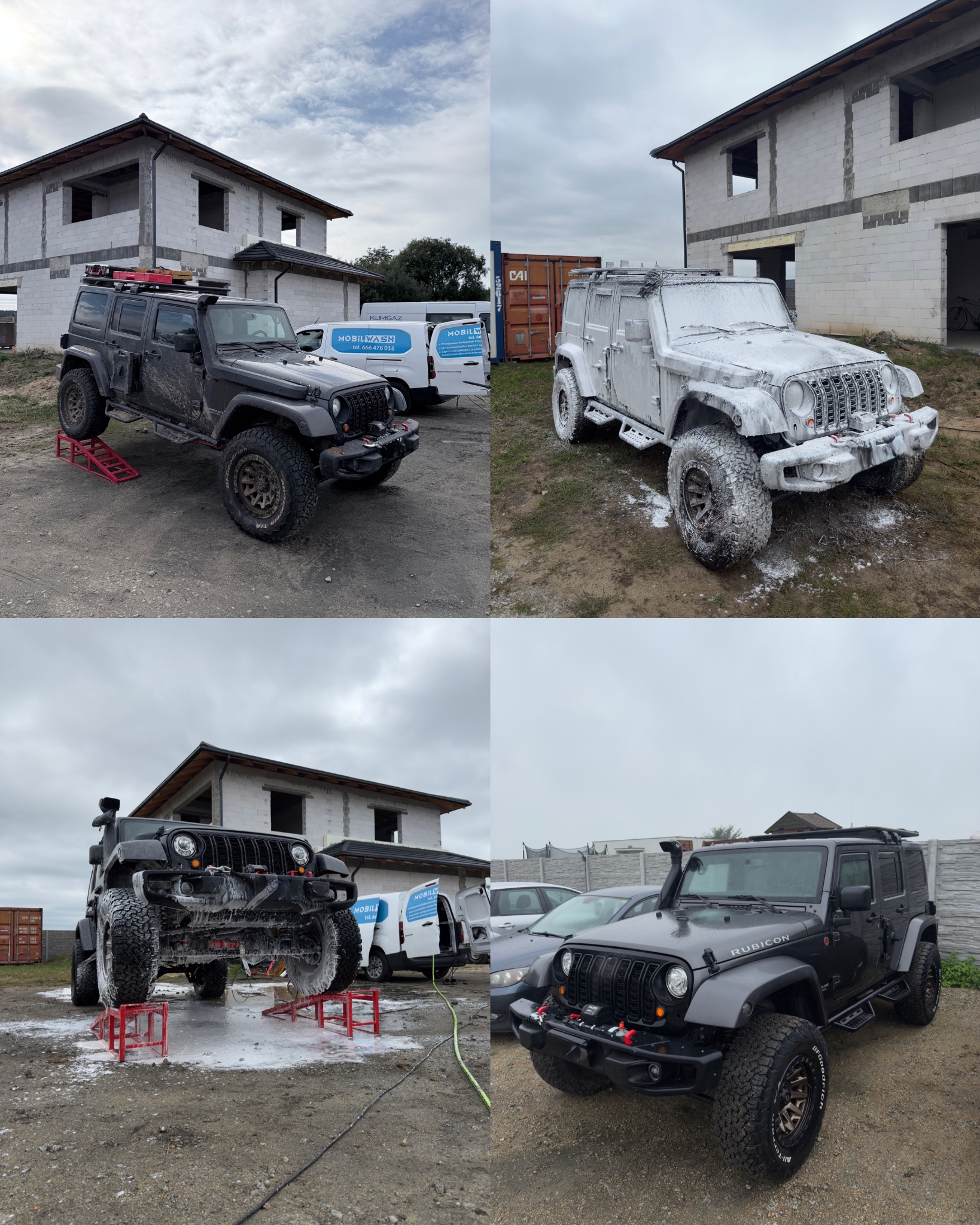 Czteropanelowe ujęcie Jeepa Rubicon: brudny przed, w trakcie pianowania, po spłukaniu i czysty, z budynkiem w tle. Mobilna myjnia w akcji.