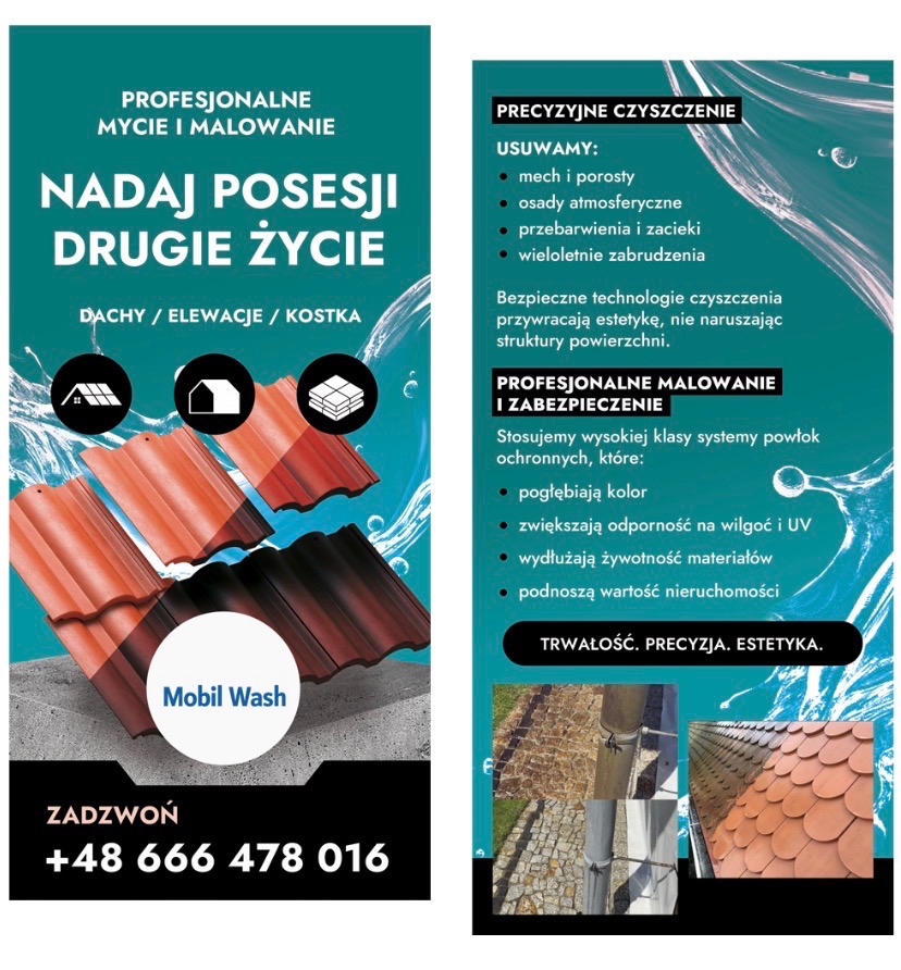 Profesjonalne mycie i malowanie dachów, elewacji i kostki brukowej. Grafika reklamowa z wizualizacją efektów czyszczenia i zabezpieczenia.