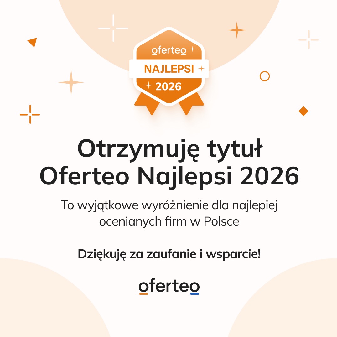 Grafika Oferteo Najlepsi 2026. Wyróżnienie dla najlepiej ocenianych firm w Polsce. Podziękowanie za zaufanie i wsparcie. Pomarańczowo-biała kolorystyka.