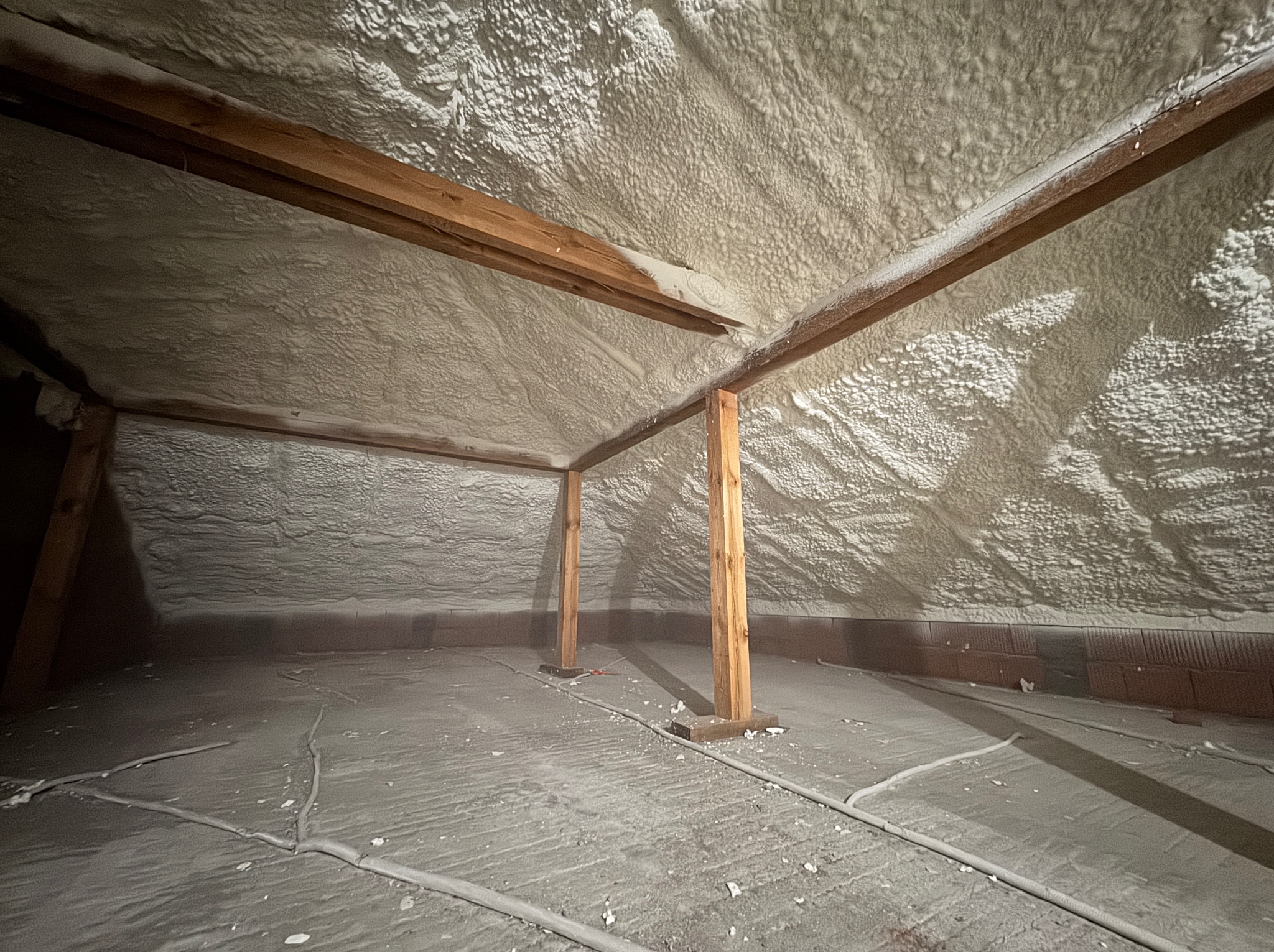 Poddasze po ociepleniu pianką PUR: drewniane belki konstrukcyjne, równomierna warstwa izolacji na skosach i podłodze, widoczne przewody. Realizacja ocieplenia.