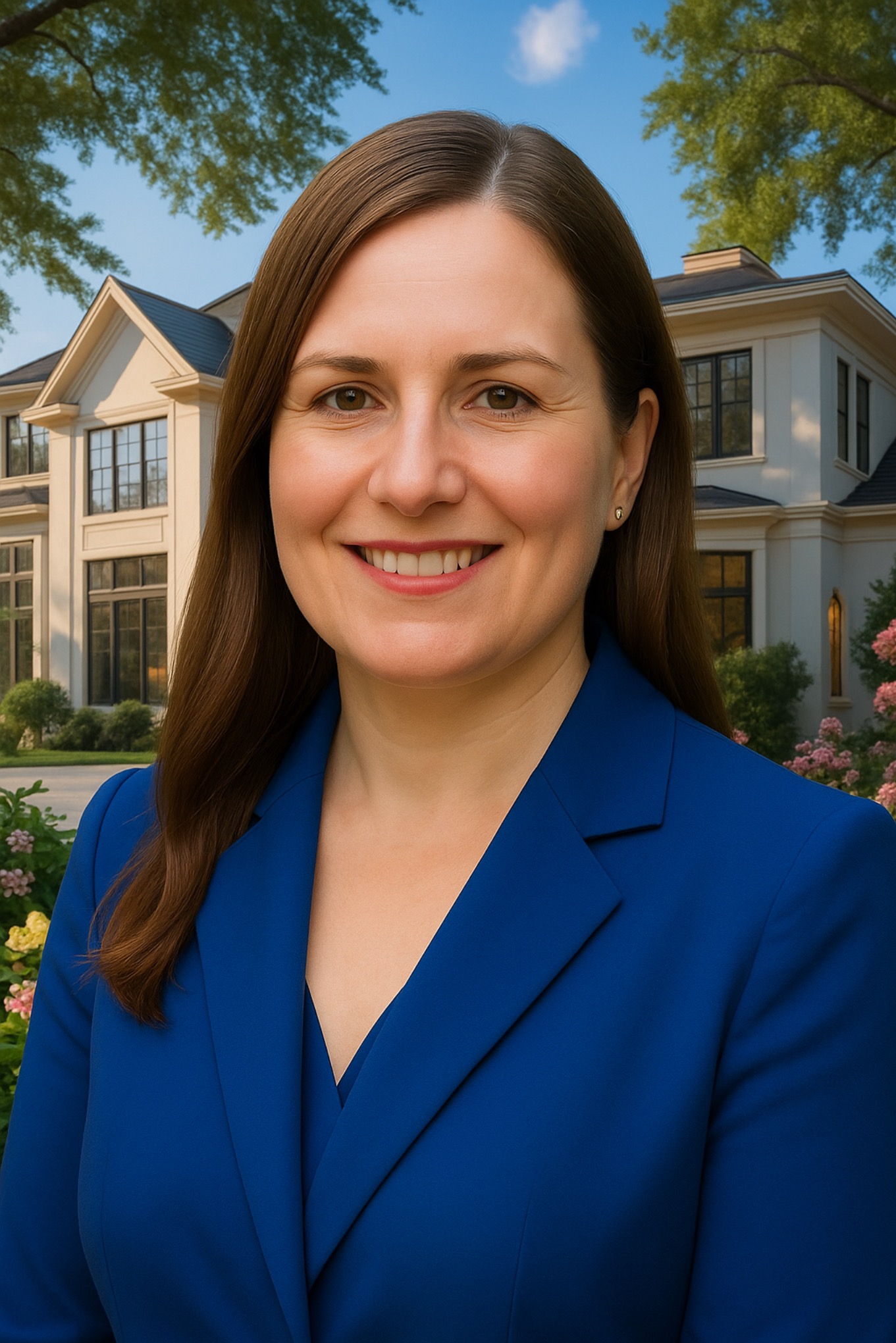 Uśmiechnięta kobieta w niebieskim żakiecie na tle jasnego domu z ciemnymi oknami i zieleni. Portret agenta nieruchomości na tle oferowanej nieruchomości.