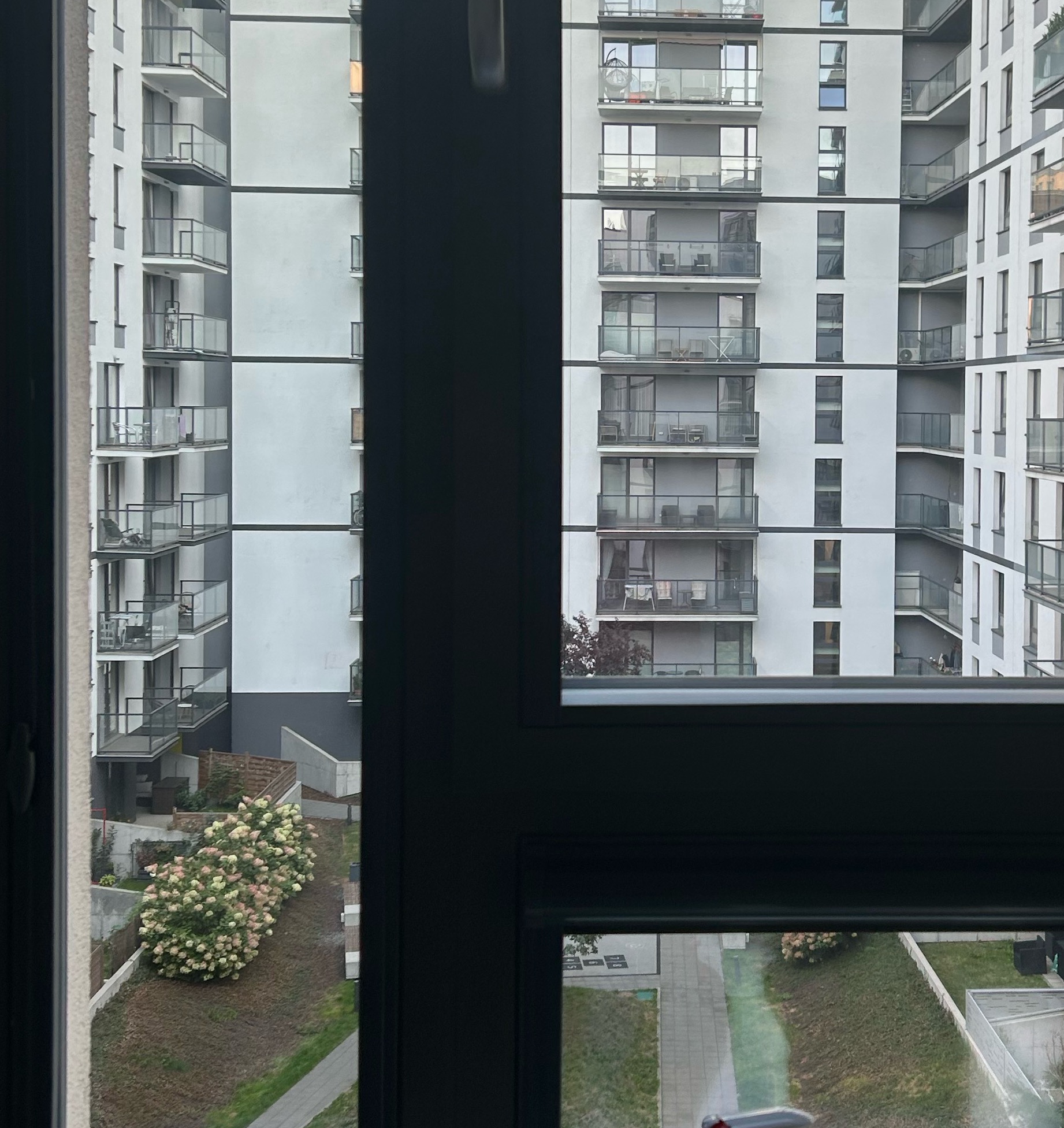 Widok z okna na nowoczesny budynek apartamentowy z balkonami i zielenią. Ujęcie z perspektywy wnętrza, z fragmentem ramy okiennej.