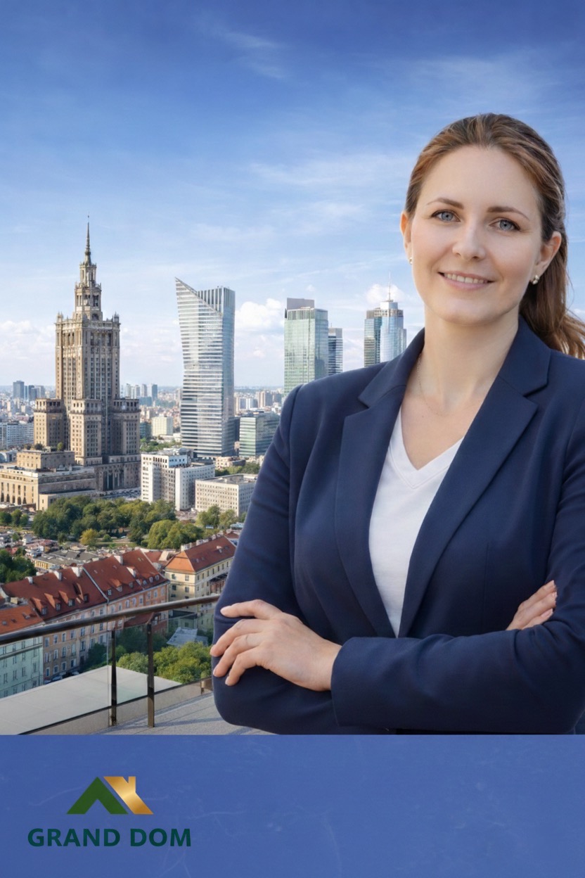 Uśmiechnięta kobieta w garniturze na tle panoramy Warszawy, z widocznym Pałacem Kultury i Nauki. Logo firmy GRAND DOM w dolnej części kadru.