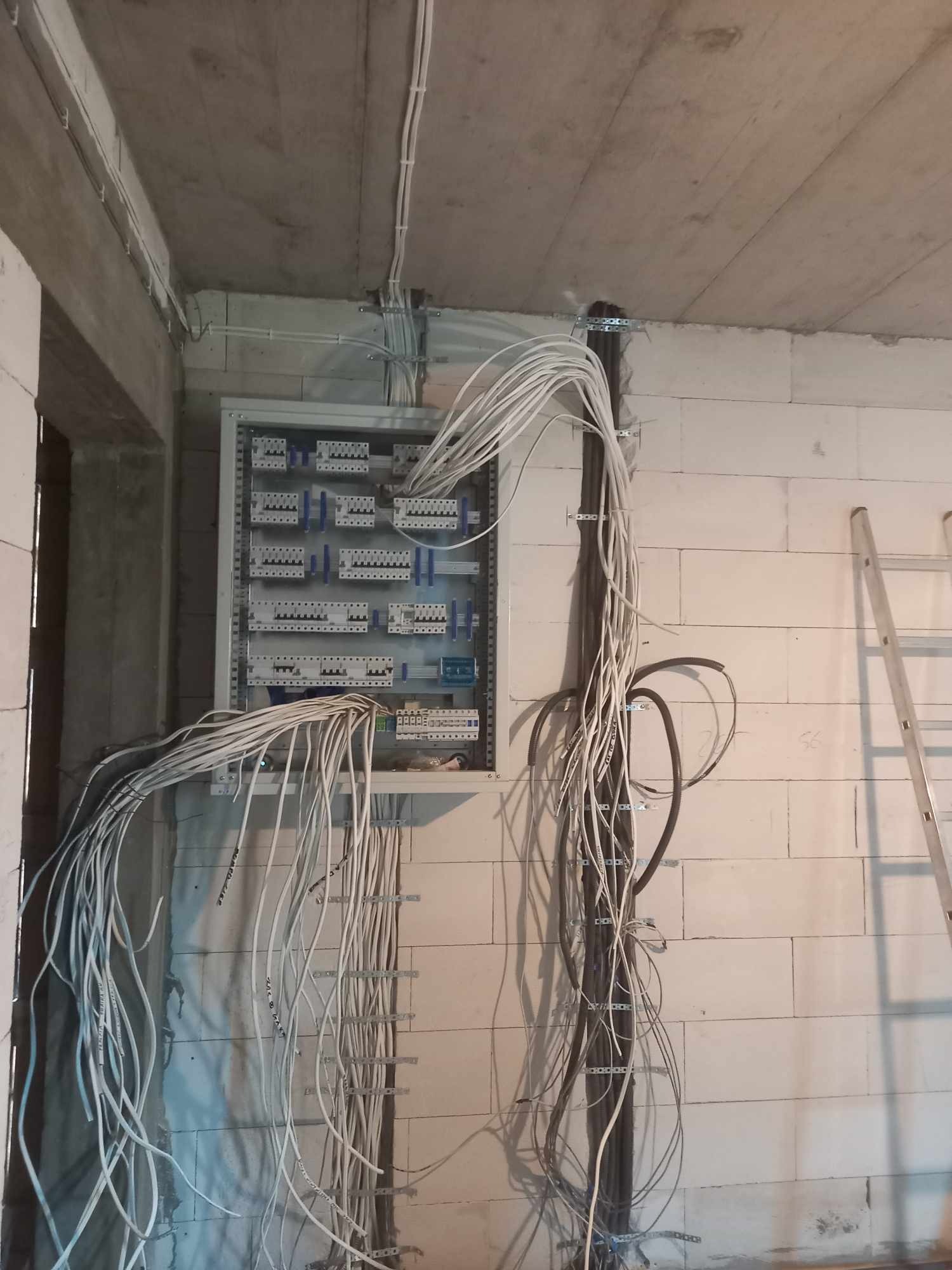 Rozdzielnia elektryczna z licznymi przewodami na ścianie z betonu komórkowego. Widoczna drabina. Przewody opisane markerem. Surowy stan wykończenia.