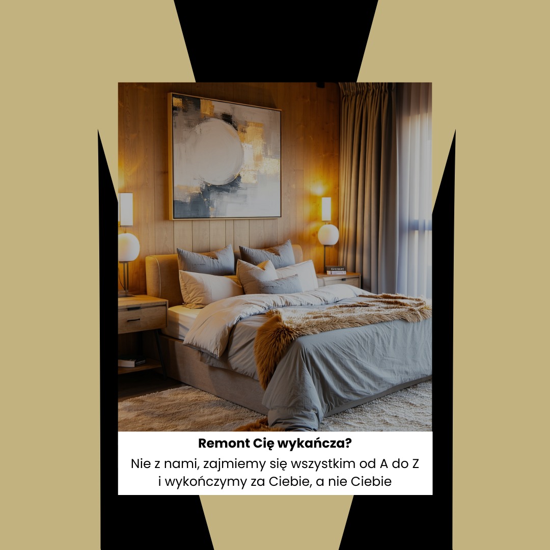 Elegancka sypialnia z drewnianą boazerią, obrazem abstrakcyjnym i subtelnym oświetleniem. Beżowe łóżko z szarą pościelą i futrzanym pledem. Stonowana kolorystyka.