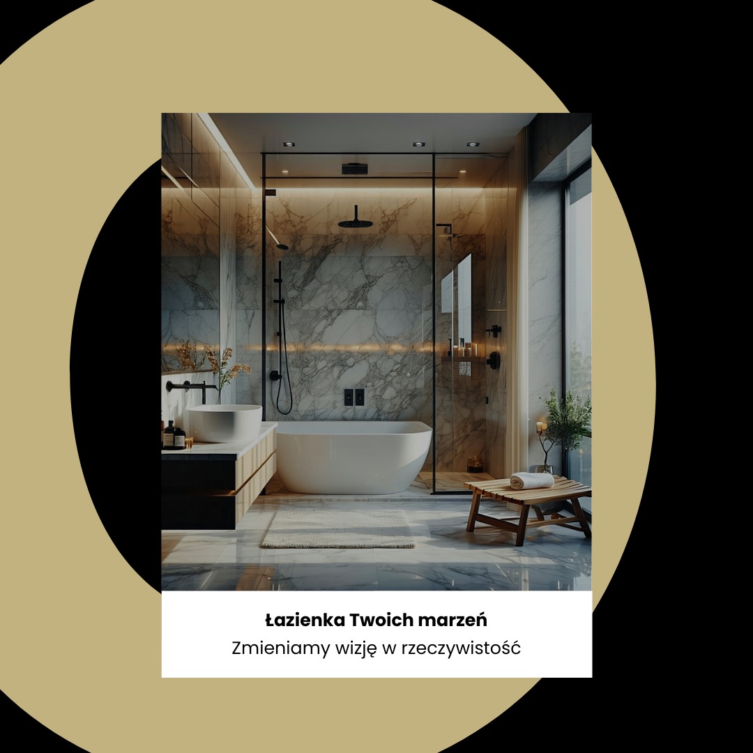 Elegancka łazienka z marmurowymi ścianami, kabiną prysznicową ze szkła i czarnymi ramami, białą wanną wolnostojącą i drewnianym stołkiem z ręcznikiem.