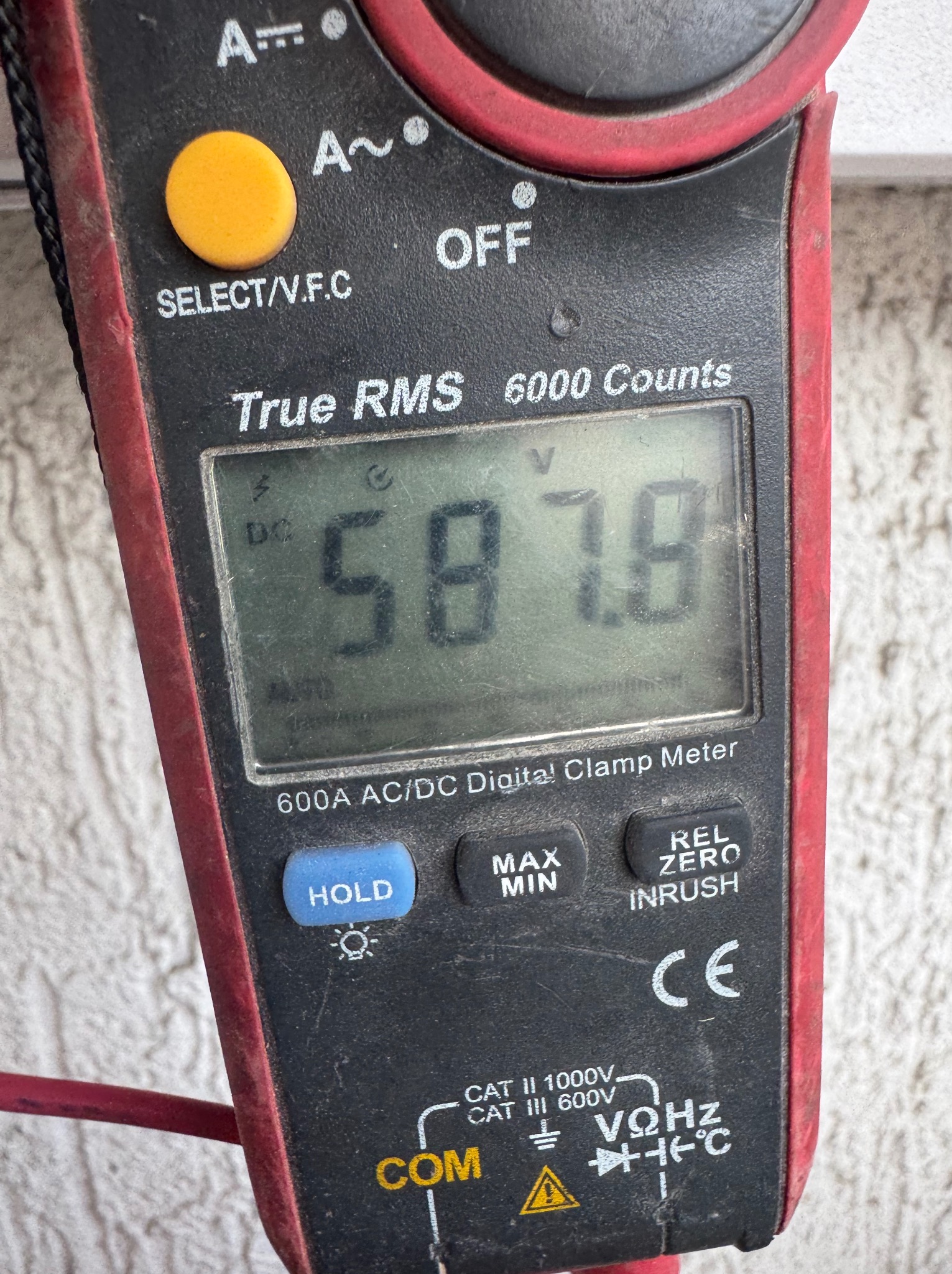 Miernik cęgowy True RMS pokazuje napięcie 587.8 V. Widoczne przyciski: HOLD, MAX/MIN, REL ZERO INRUSH. Miernik z czerwonym obramowaniem na tle jasnej ściany.