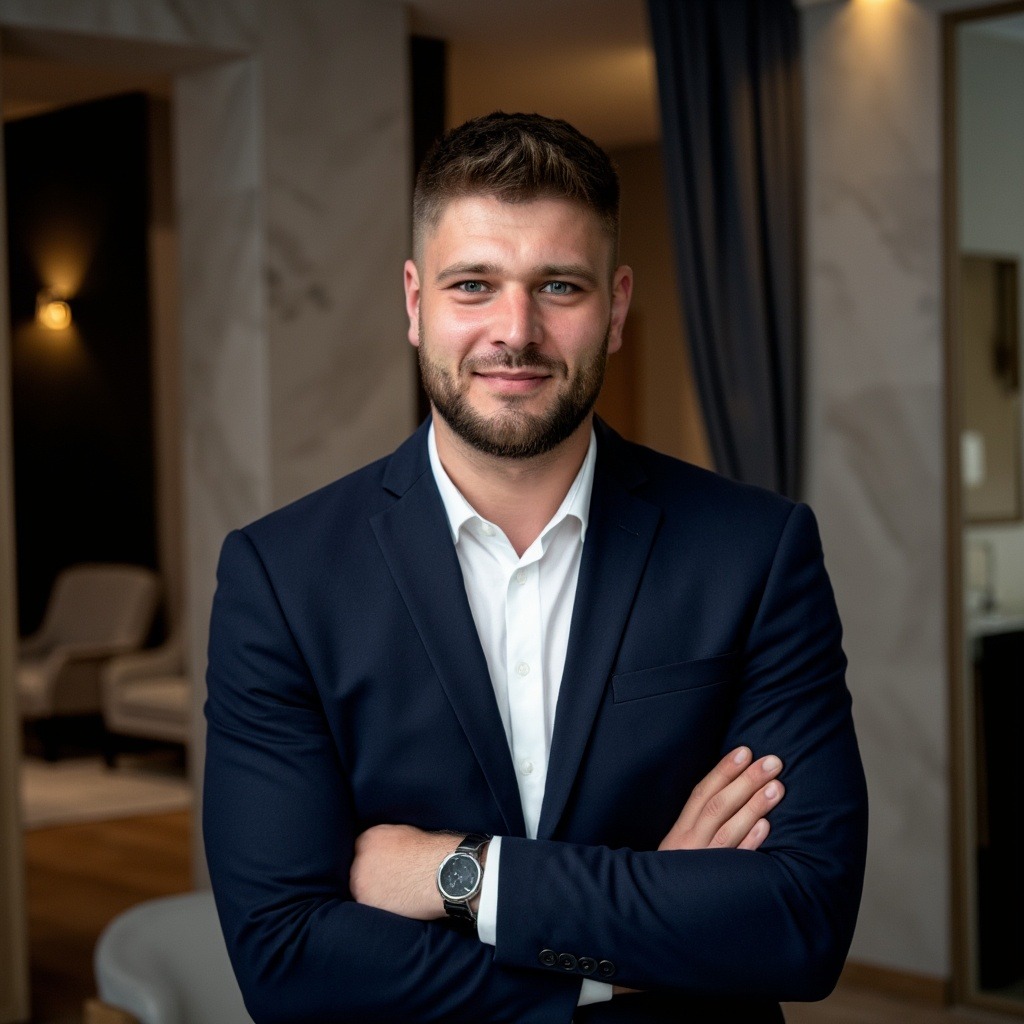 Portret uśmiechniętego mężczyzny w granatowym garniturze i białej koszuli, z zegarkiem na ręce, stojącego na tle wnętrza z elementami dekoracyjnymi.