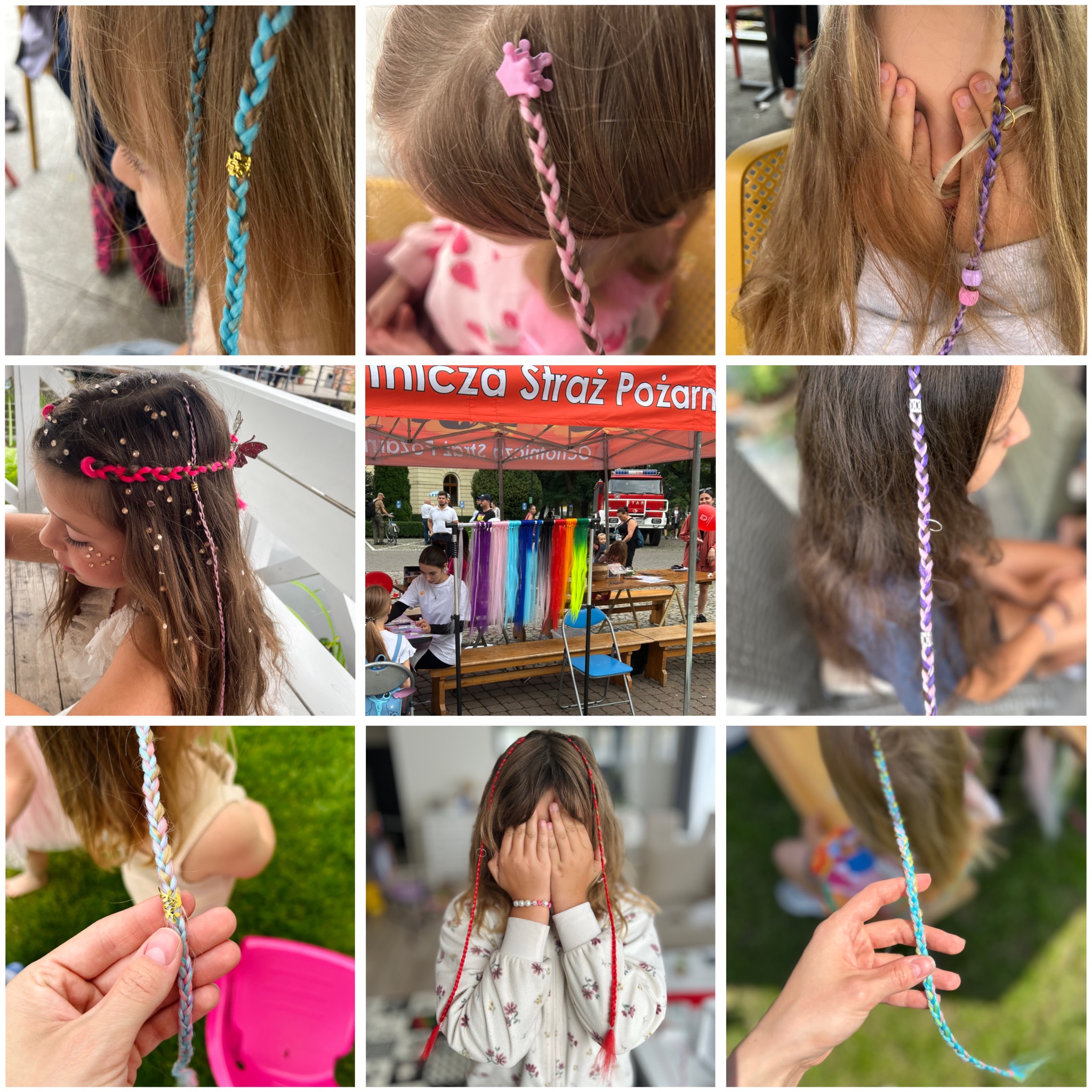 Kolaż zdjęć z różnymi warkoczykami doczepianymi do włosów dziewczynek, niektóre z ozdobami, wykonane podczas imprezy plenerowej.