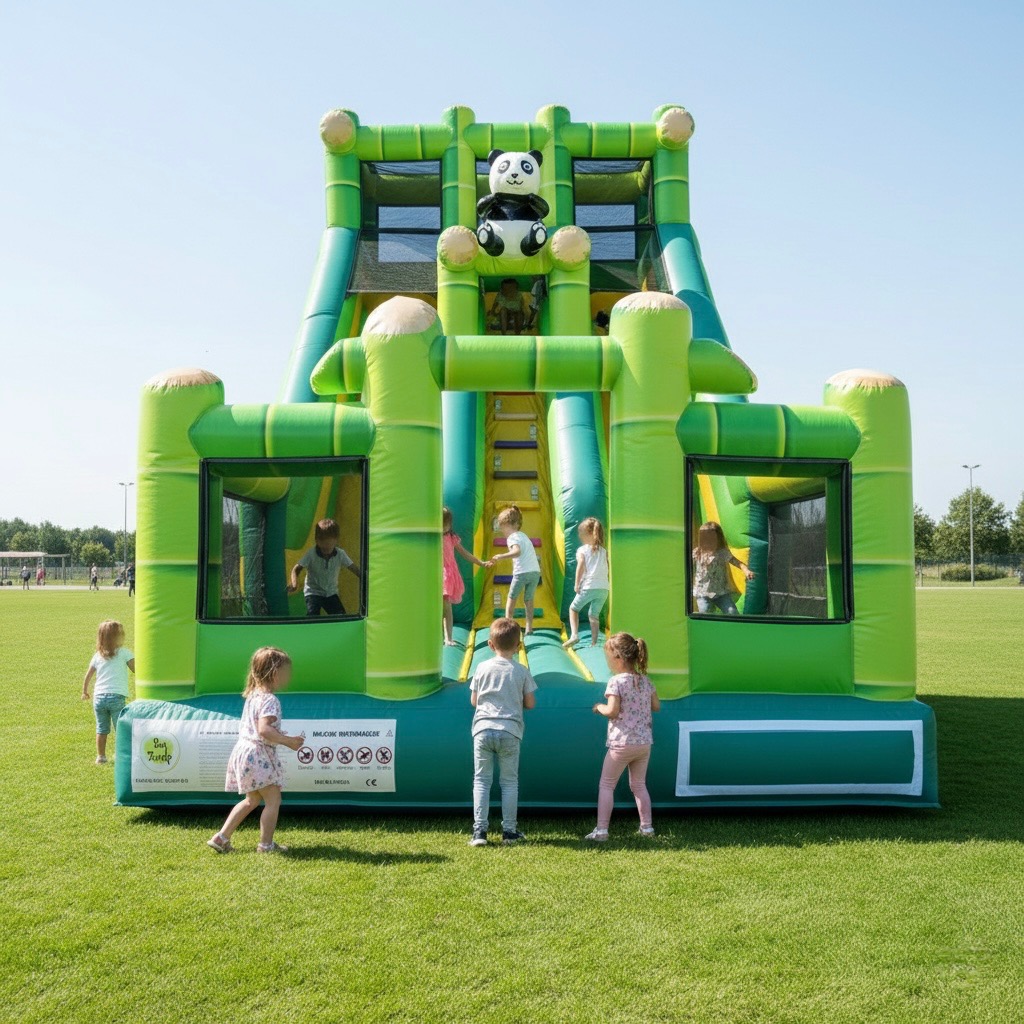 Dzieci bawią się na dmuchanym zamku w kształcie bambusa z pandą na szczycie. Zamek stoi na trawie, w tle widoczne drzewa i błękitne niebo.