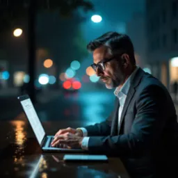 Mężczyzna w garniturze, w okularach, pracuje na laptopie na zewnątrz w deszczu, z rozmytym tłem miejskich świateł. Laptop z dokumentem.