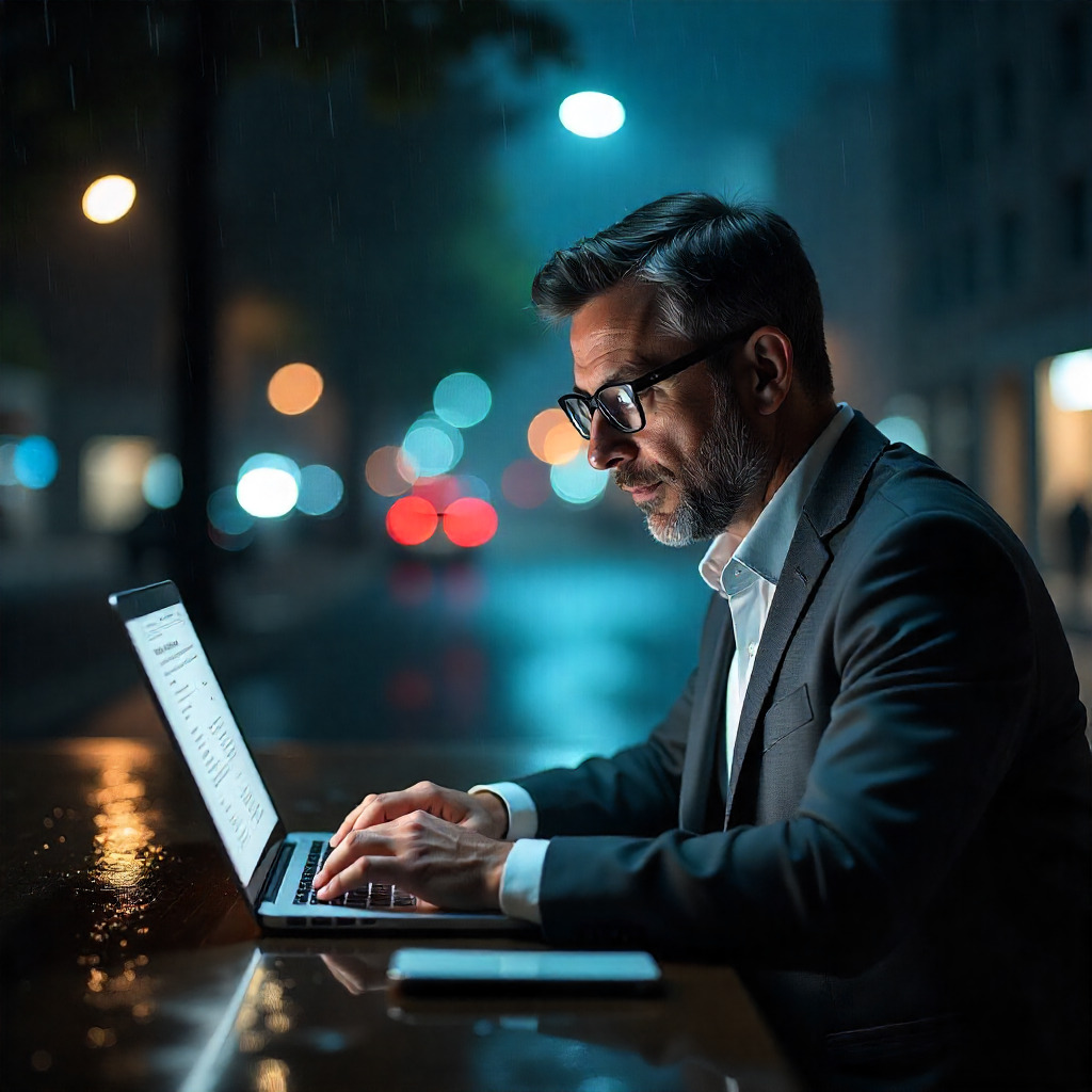 Mężczyzna w garniturze, w okularach, pracuje na laptopie na zewnątrz w deszczu, z rozmytym tłem miejskich świateł. Laptop z dokumentem.