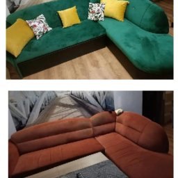 Tapicerstwo - Dwa narożniki: zielony z poduszkami i brązowy z stolikiem, ukazujące różnice w stylu i aranżacji wnętrz. Tapicerka welurowa.