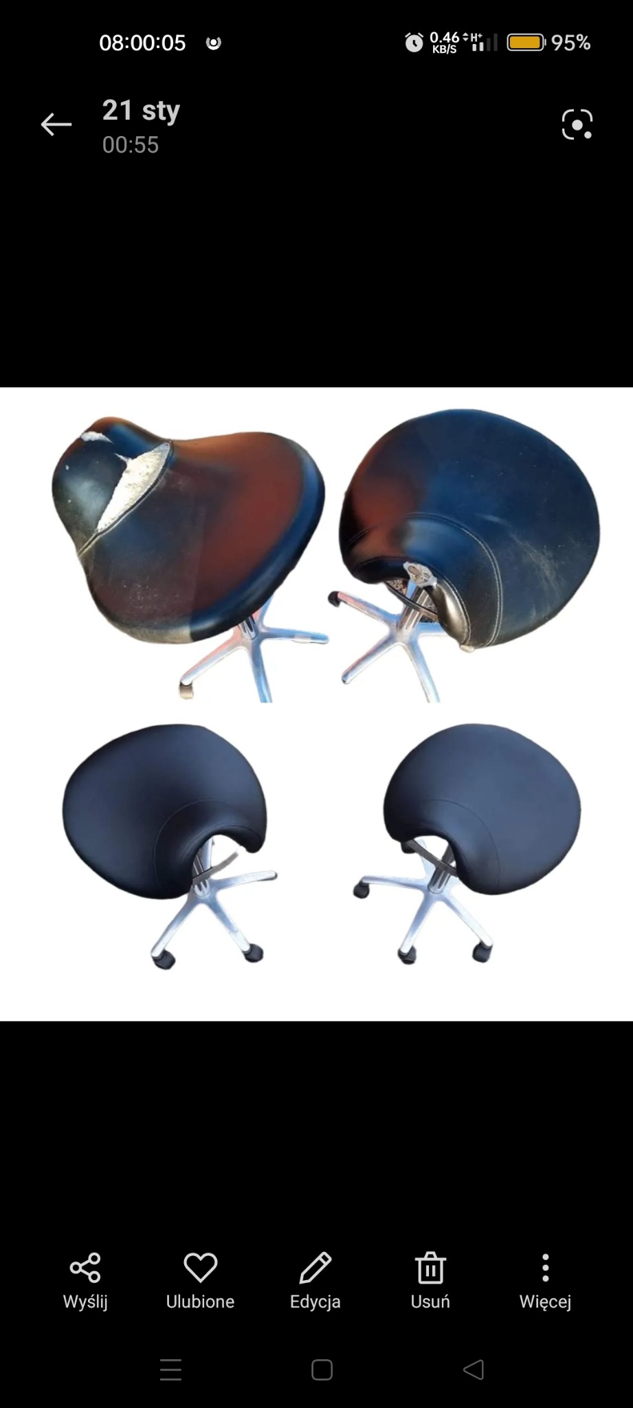 Zestawienie krzeseł biurowych na kółkach: jedno uszkodzone, pozostałe w dobrym stanie. Widoczne różnice w stanie tapicerki. Prezentacja przed renowacją.