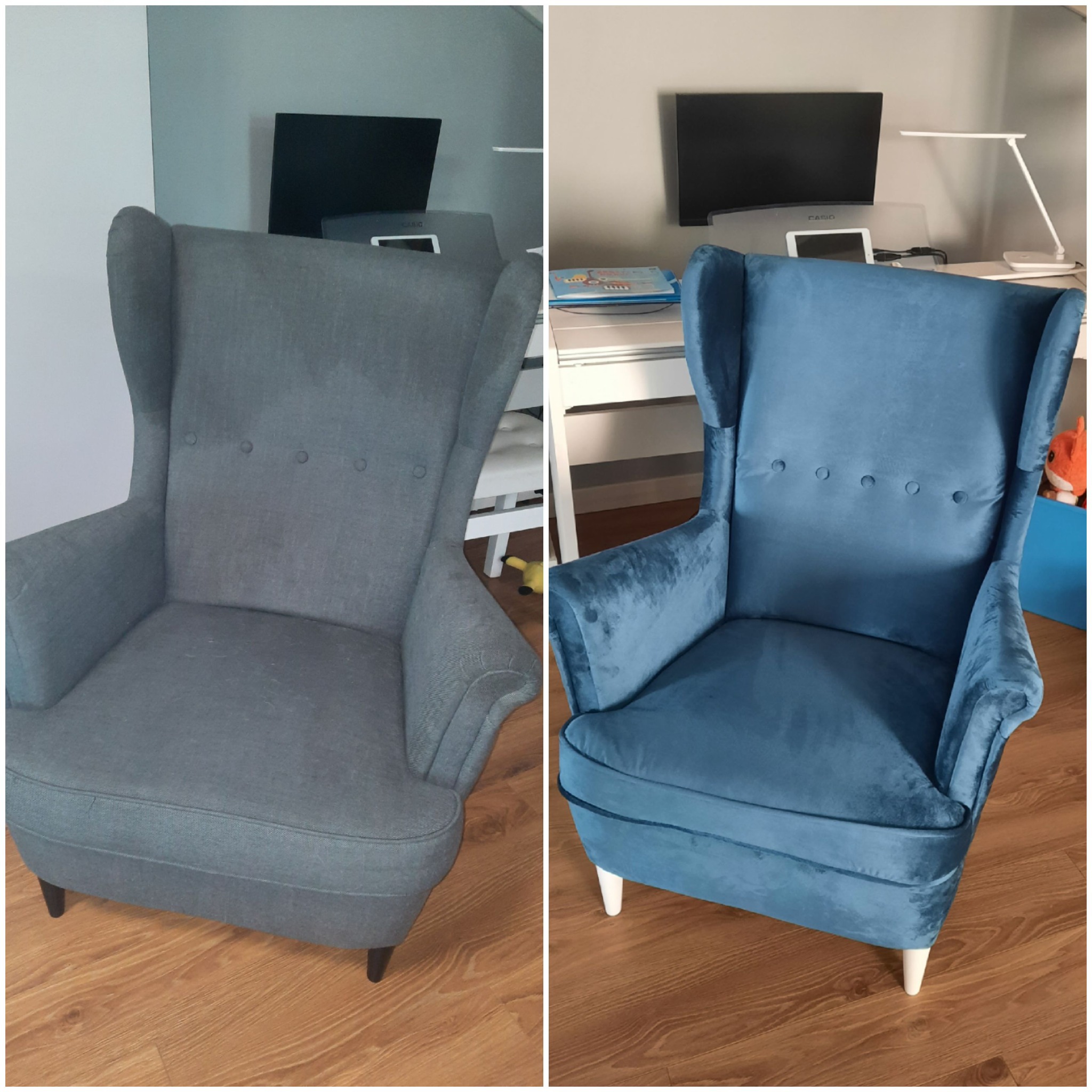 Fotel typu uszak przed i po renowacji: szary materiał zmieniony na niebieski welur z nowymi, białymi nogami. Widoczne detale wykończenia.