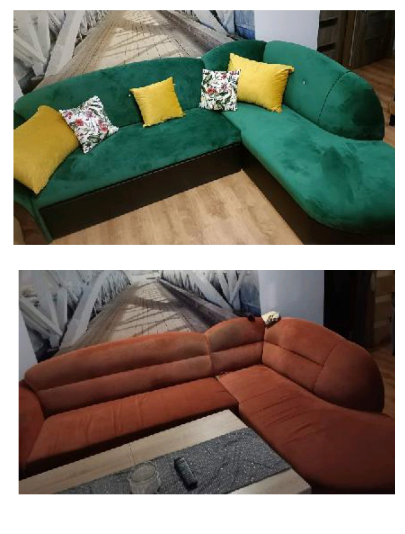 Dwa narożniki: zielony z poduszkami i brązowy z stolikiem, ukazujące różnice w stylu i aranżacji wnętrz. Tapicerka welurowa.